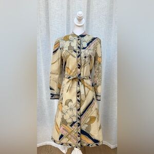 Vintage Leonard tan ivory orange pink blue abstract button down coat dress